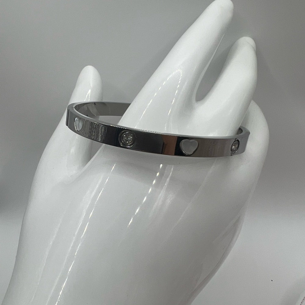 Silver Heart and Stone Bangle Bracelet - Picture 3 of 13